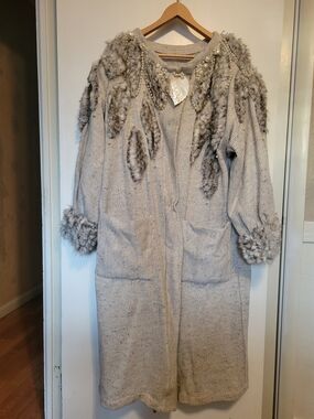 Vintage Faux-Fur Trim Embellished Knit Cardigan Coat